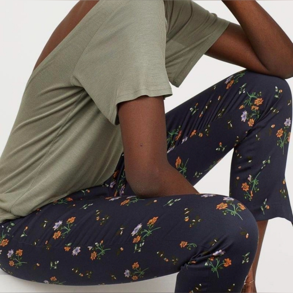 EX H&M Slacks Floral Print Super Stretch Cigarette Trousers Pant Size 14 Spring